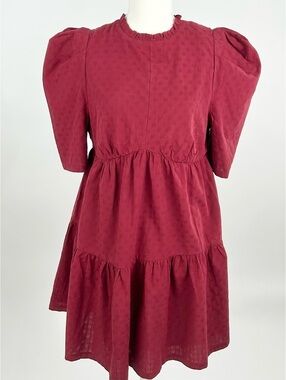 Very J NWT Cotton Babydoll Dress Burgundy Puff Sleeve Cottagecore